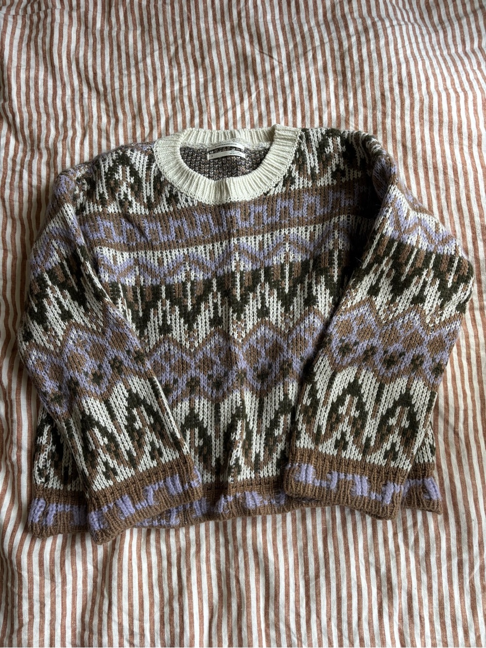 Anthropologie Cozy Patterned Crewneck Sweater - Lavender, Brown & Cream